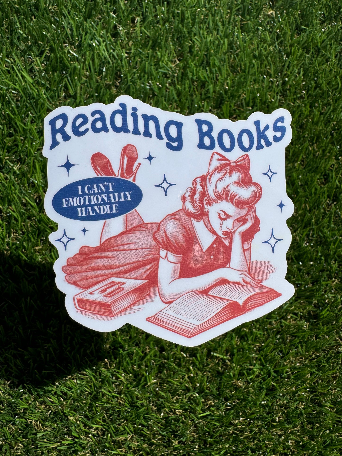 Vintage Crying Woman Reading Sticker – "Books I Can't Emotionally Handle" | 1.5", 2", or 3" | Matte or Glossy Finish | Water-Resistant