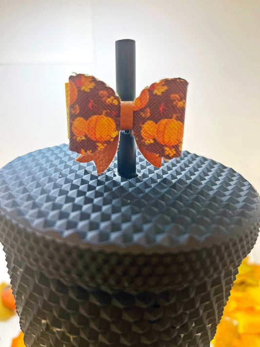 Pumpkin Thanksgiving Fall Straw Topper | Faux Leather Bow | Mini Bow | Straw Bow